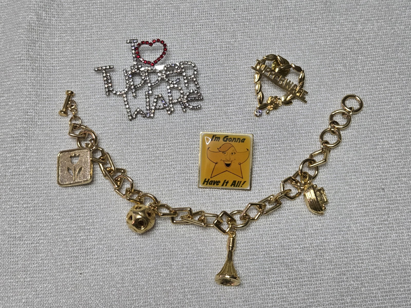 Vintage Tupperware Consultant/Seller Jewelry Lot 3 Pins 1 Charm Bracelet
