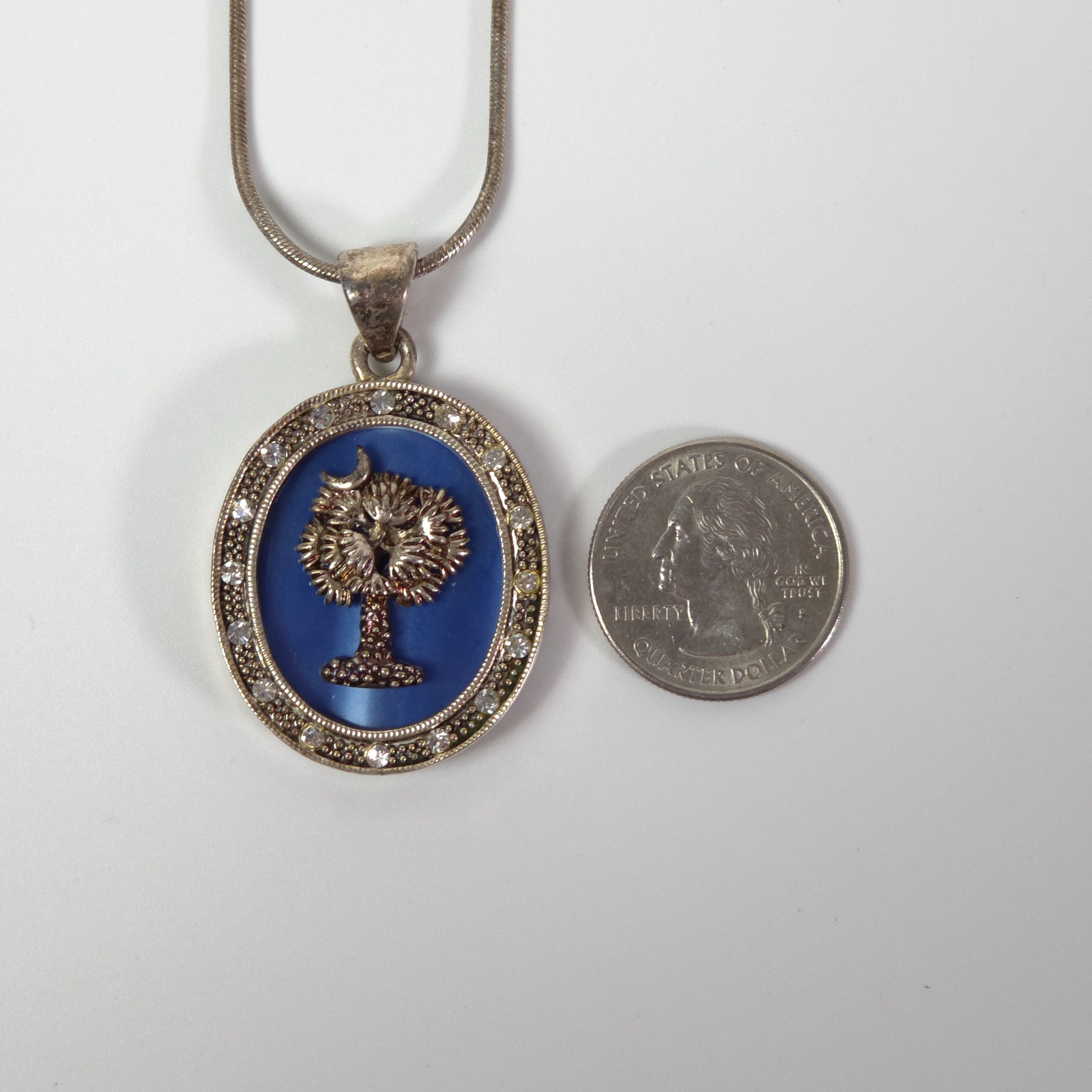 VINTAGE Blue Palm Tree Crescent Moon Pendant Necklace, Estate Jewelry, READ