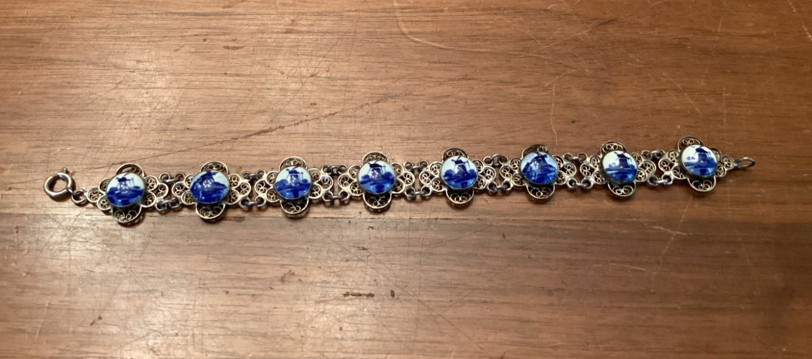 Vintage 835 Silver Filigree Delft Holland Blue Porcelain Windmill Bracelet