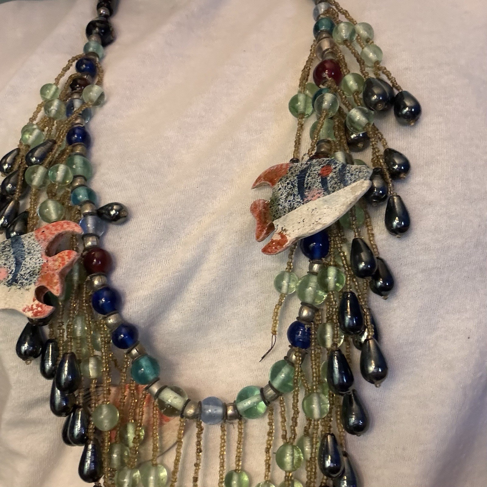 Vintage Tropical Triggerfish Necklace. Beaded, Large, Leave With Rope Tie.