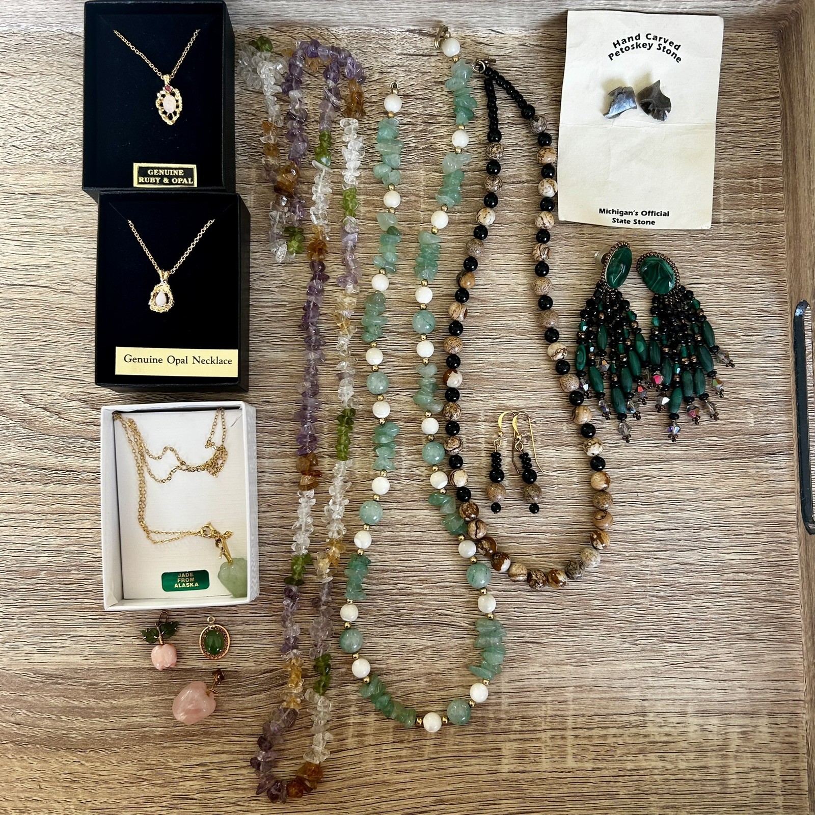 Personal Collection Vintage Crystal Jewelry Lot Opal Jade Malachite Necklaces