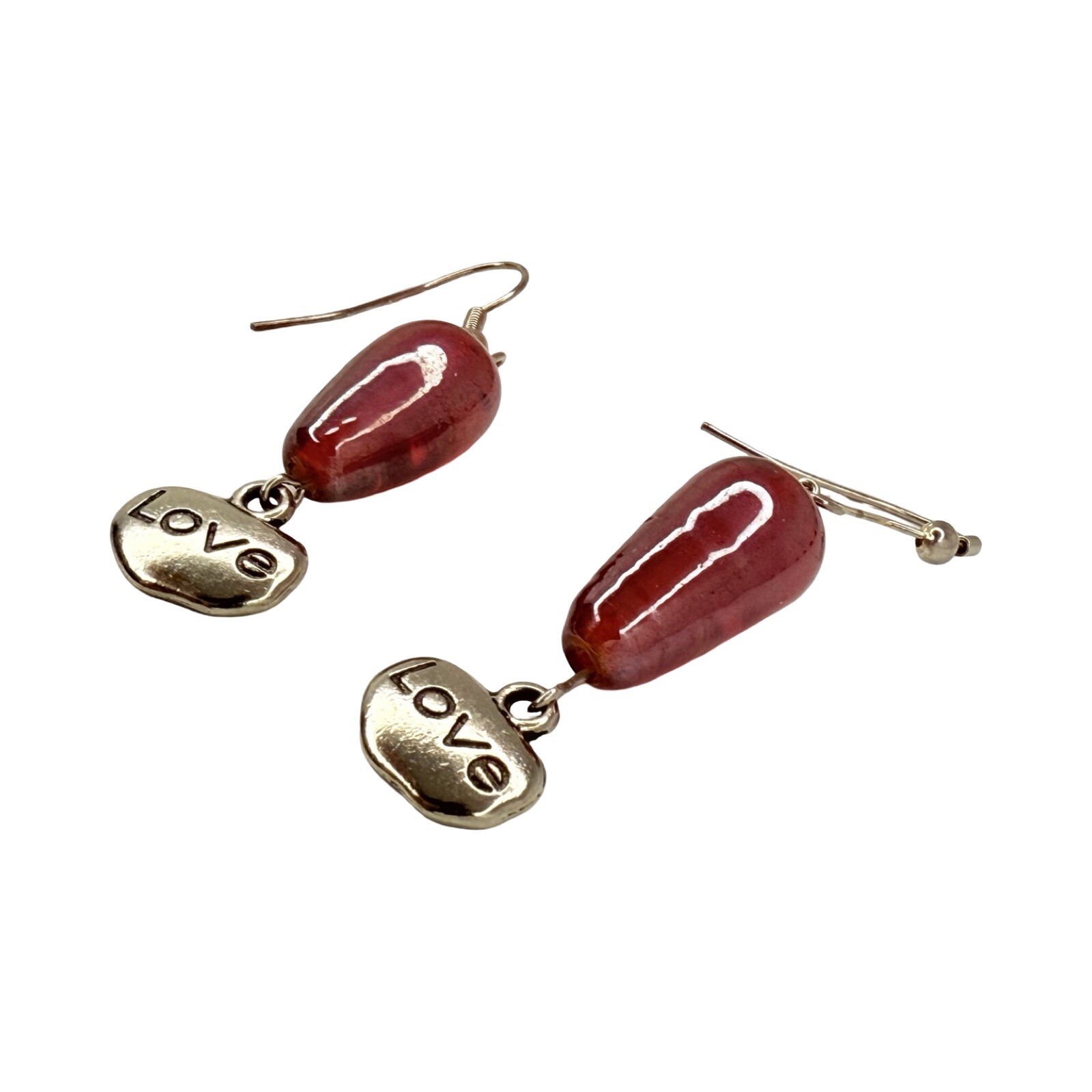Red Earrings Art Glass Dangle 2” Beaded Love Charm Valentines Day
