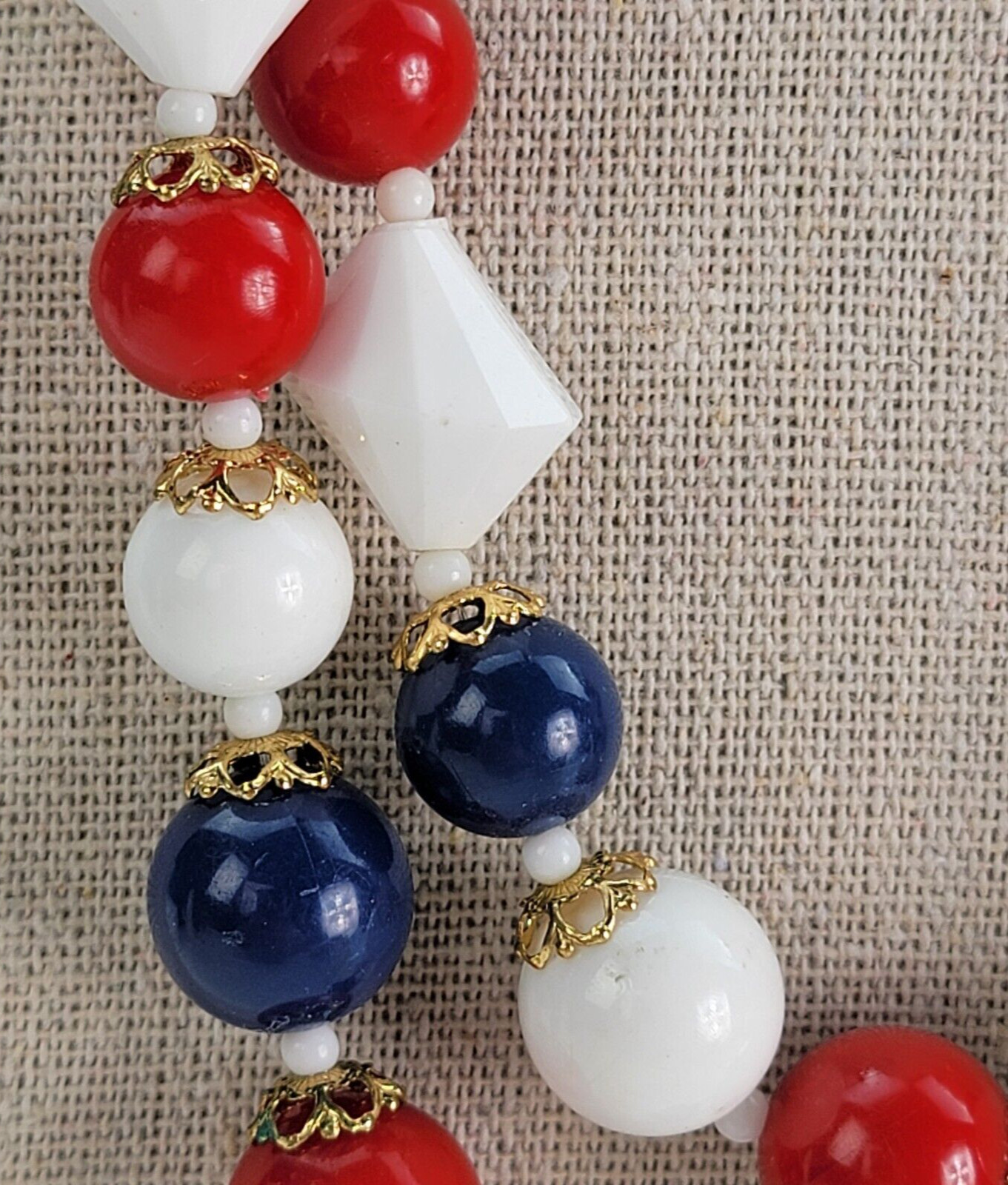 Vintage Patriotic Red White Blue Lucite Double Strand Necklace 18 In USA
