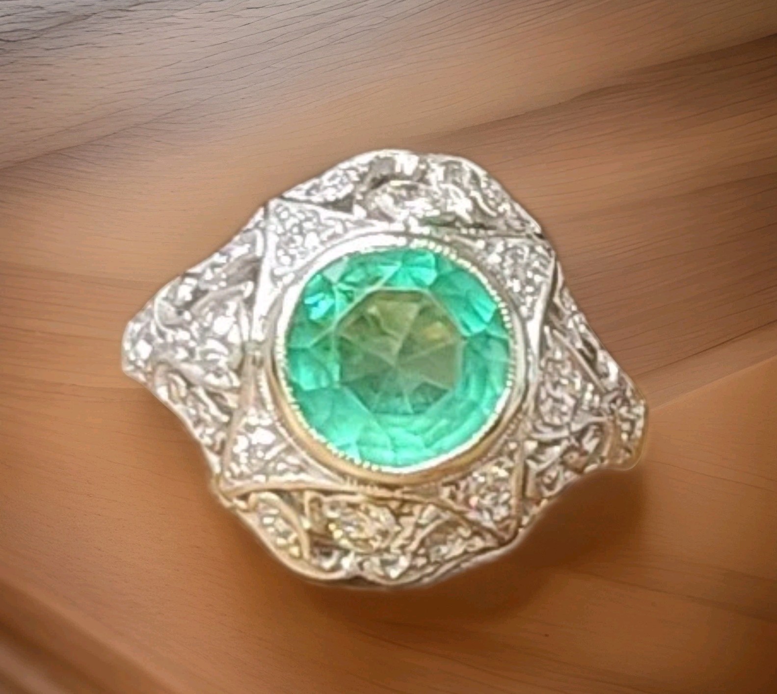 Vintage 14k White Gold Engagement Ring 1.35CT. Natural Round Colombian Emerald