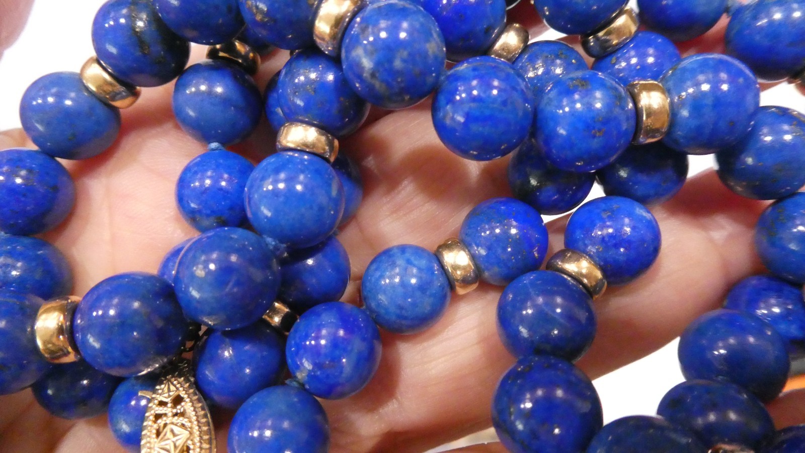 14K Gold 10mm Lapis Lazuli Beaded Necklace 106g – 32”l Opera 14K Rondelle Spacer