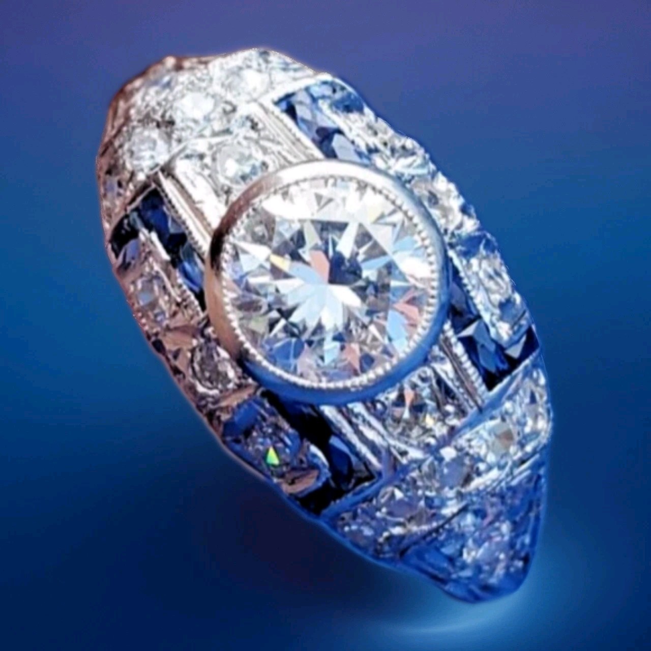 Original EARTH MINED DIAMOND Deco Engagement Ring Platinum Sapphire Solitaire 6