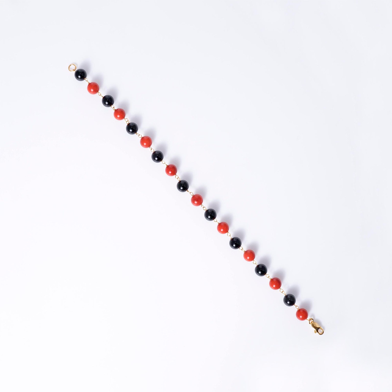 Antique 1920s Art Deco Coral and Onyx Beads Necklace and Bracelet Set