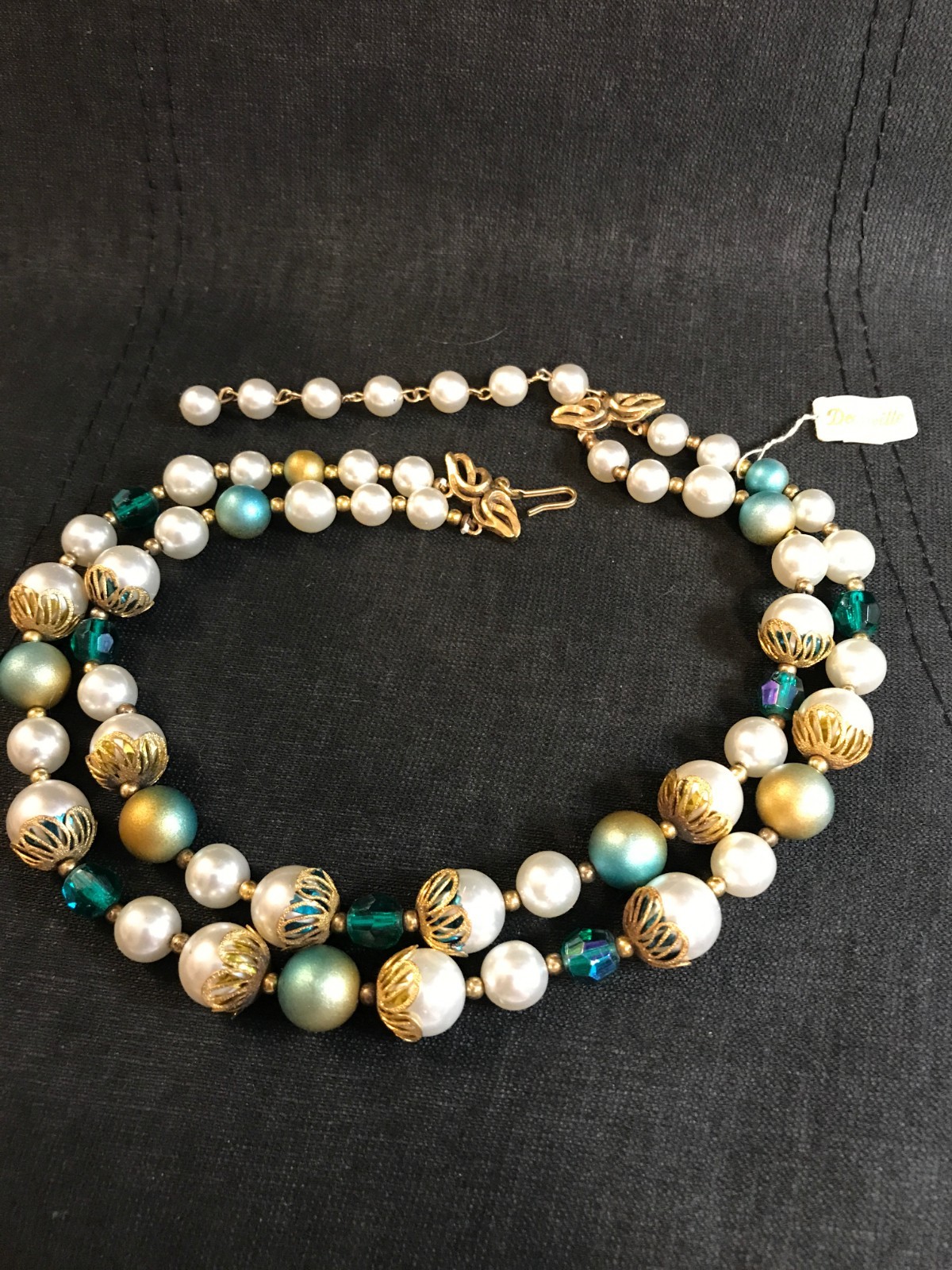 1950s-60s DEAUVILLE Faux Pearl Blue Accent Gold Tone Metal Beaded Necklace w/Tag