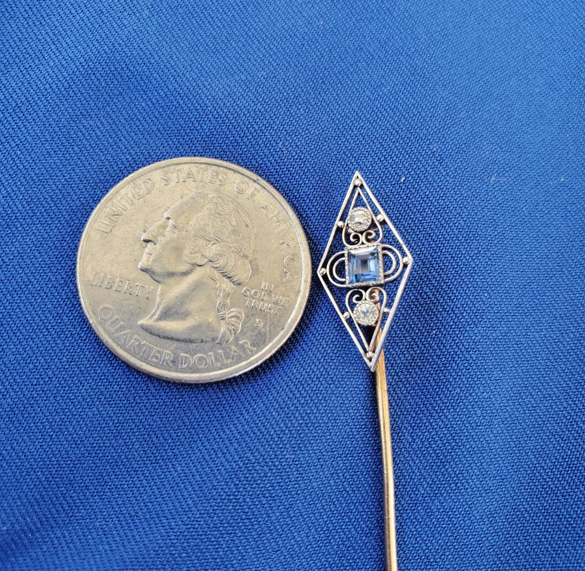 Original EARTH MINED Diamond Deco Pin 1920s Vintage Platinum Sapphire 14K GOLD