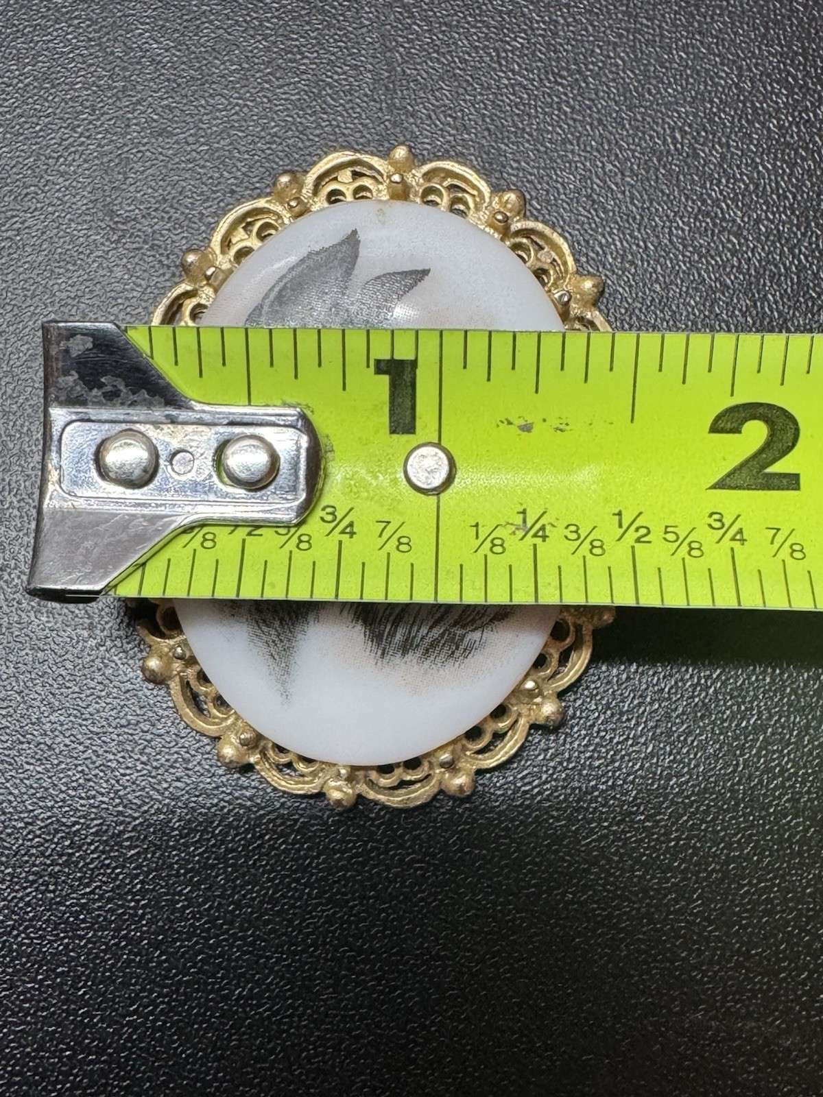 Vintage Painted Porcelain Schnauzer Dog Cameo Brooch W/ Gold Brass Ornate Frame
