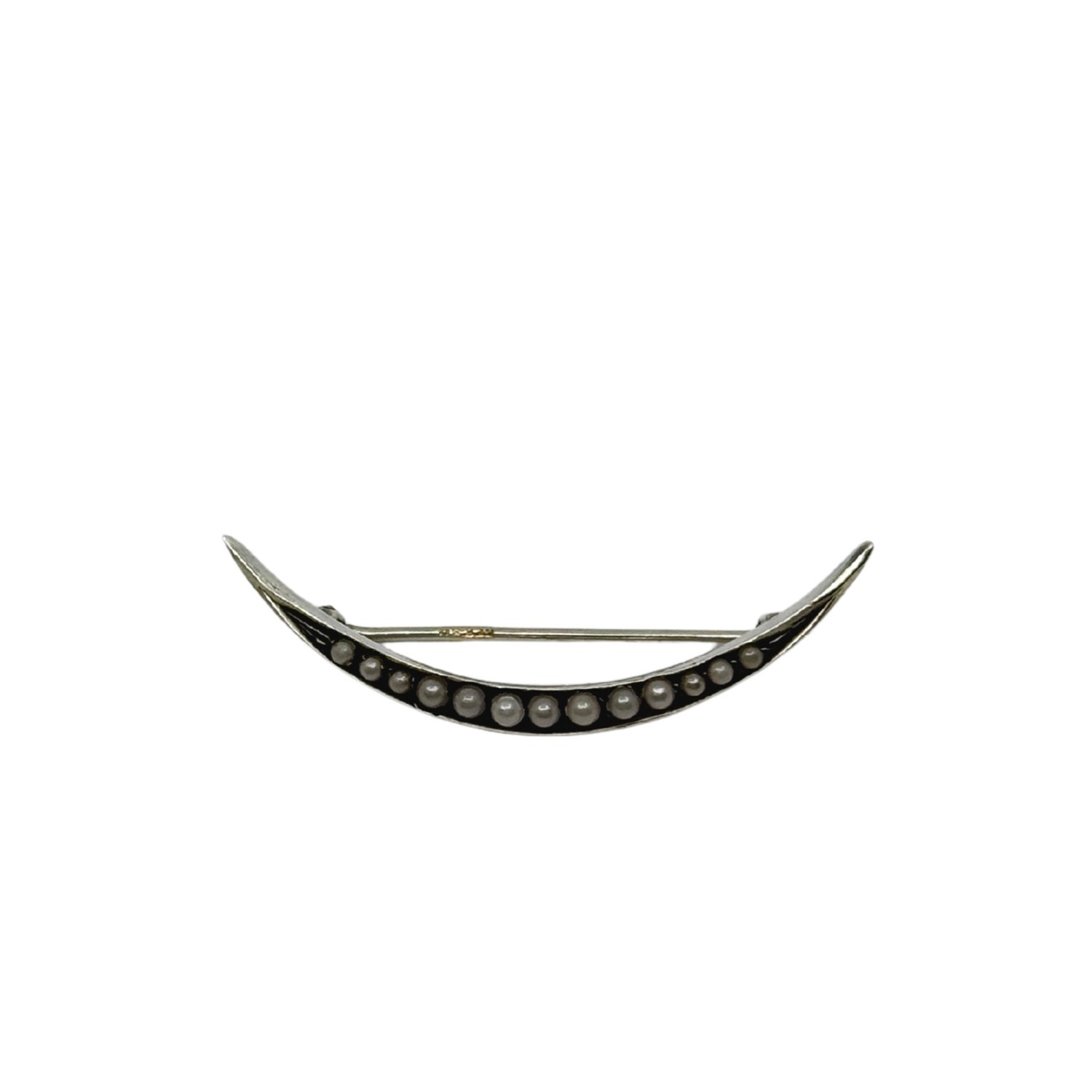 Antique Victorian Crescent Moon Brooch Pin Seed Pearl Sterling Silver 1 3/4″
