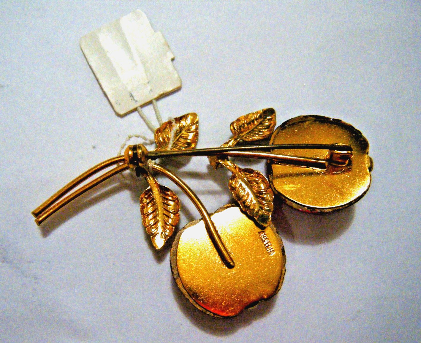 Vintage 50s Austria Double Bright Red Glossy Glass Cherry Brooch Pin Orig. Tag