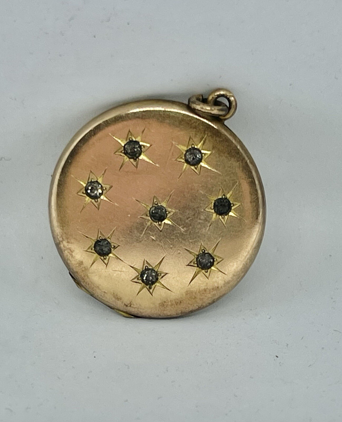 Antique Art Nouveau Rolled Gold Stars Round Locket Pendant with 8 Paste Stones