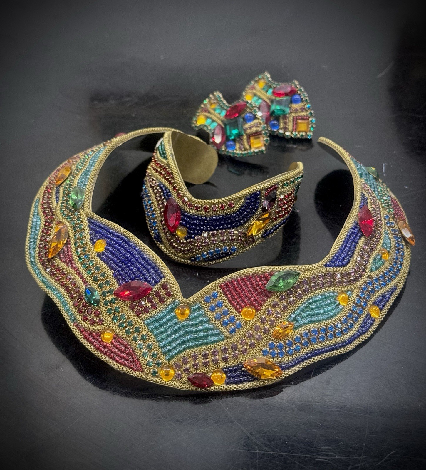 Vtg 1989 Signed M&J Hansen Brass Rhinestone Collar Necklace, Bracelet, Earrings