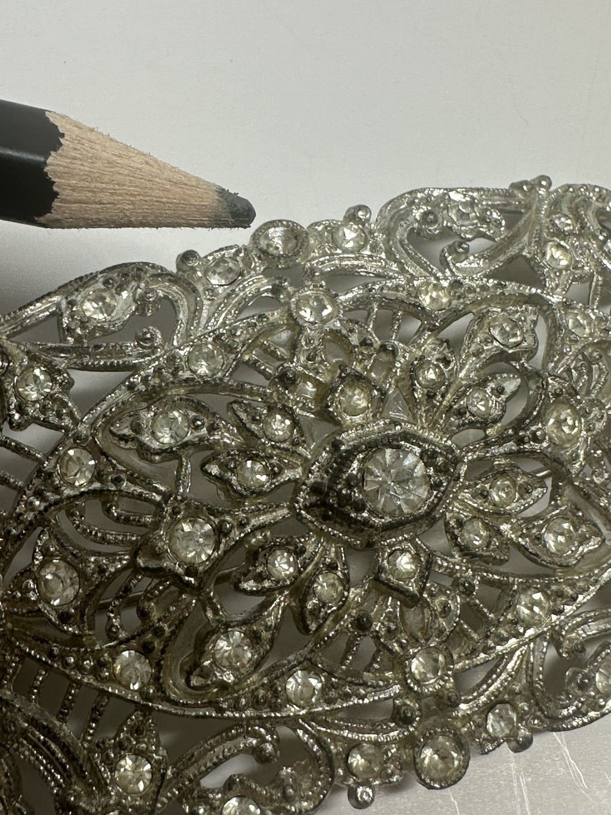 New England Glass Works Art Deco Silver Rhinestone Filagree Brooch