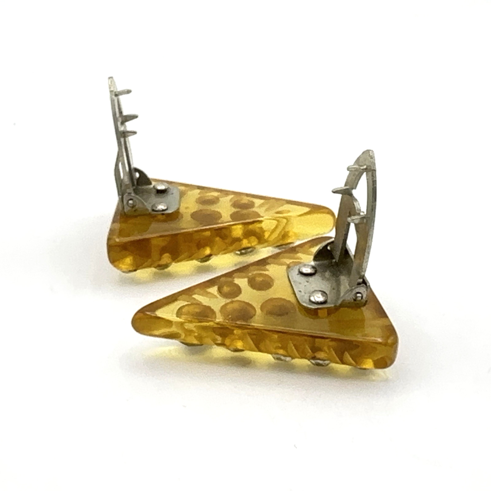BAKELITE dress clip set – vintage apple juice carved w/ rhinestones triangle pin