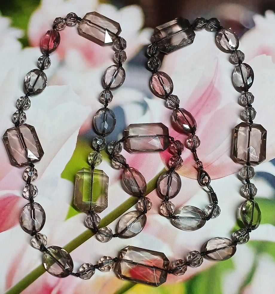 Long Light/Dusty Pink Faceted Emerald, Oval and Round Lucite Bead Necklace