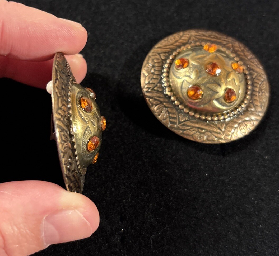 Vintage 1980s Orange Rhinestone Dome Statement Clip On Earrings Runway
