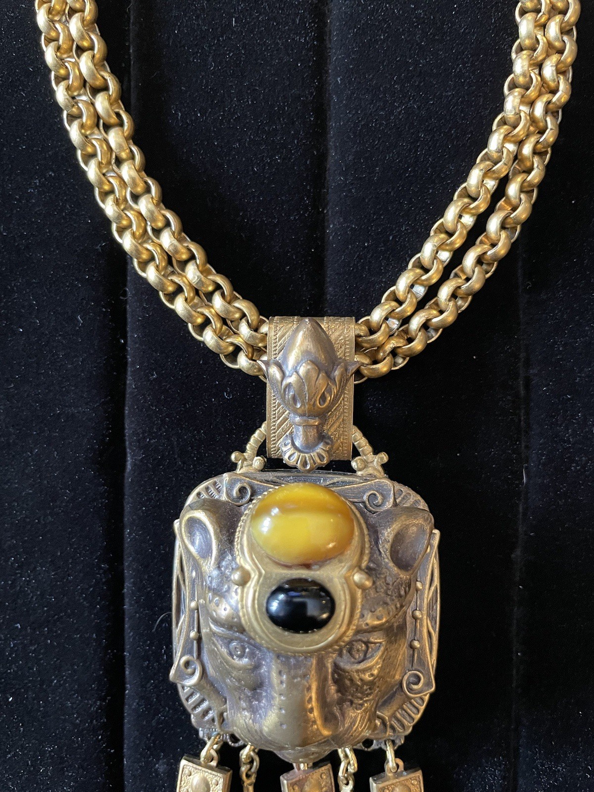 PATRICE VTG African Egyptian Revival Leopard Panther Pendant Necklace 16″