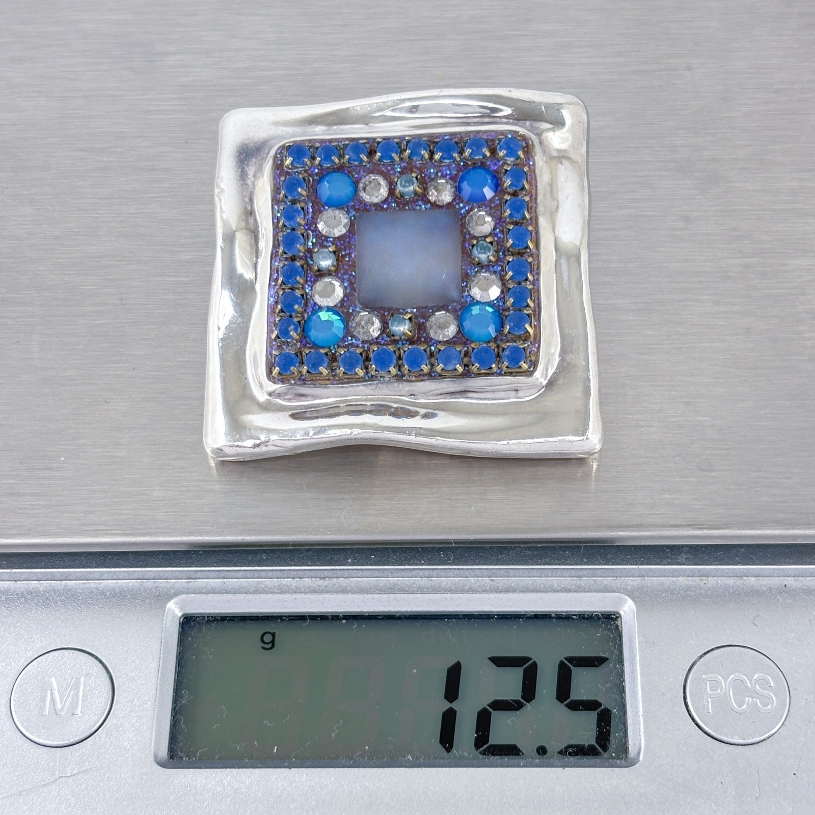 Artisan Electroform Sterling Silver 925 Blue Crystal Bead Enamel Square Pendant