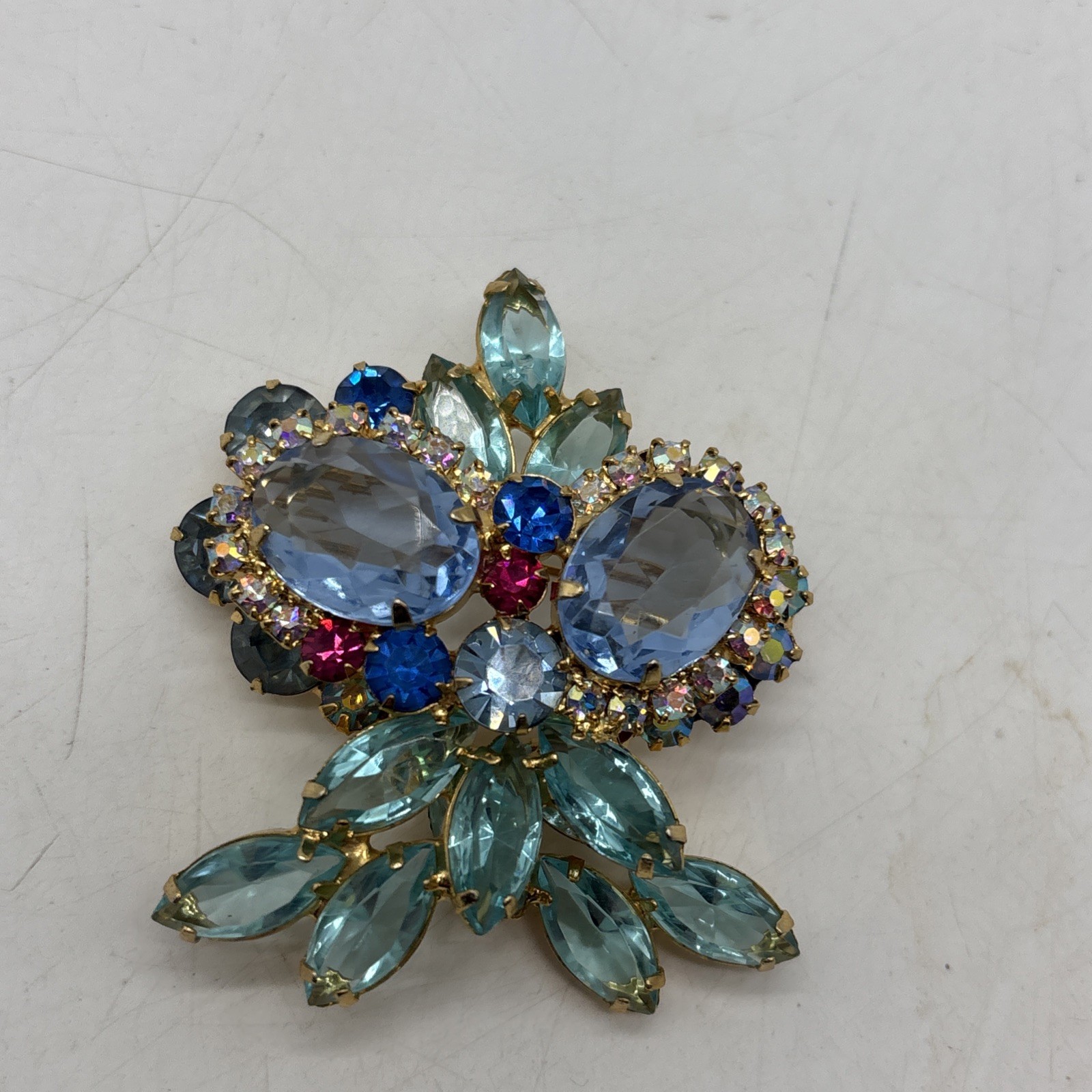 Juliana D&E Brooch/Pin OWL Aquamarine & Turquoise Rhinestone 2×2” Beautiful