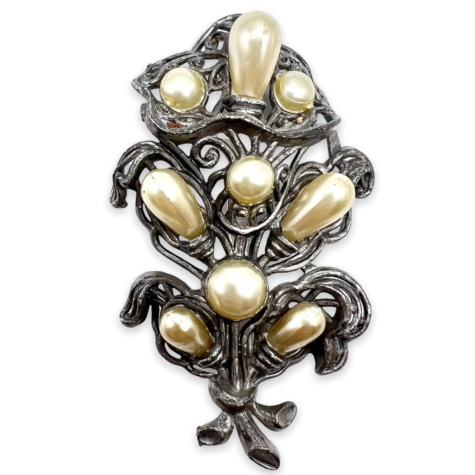 Vintage Little Nemo Antique Silver Tone Faux Pearl Spray Bouquet Brooch Pin