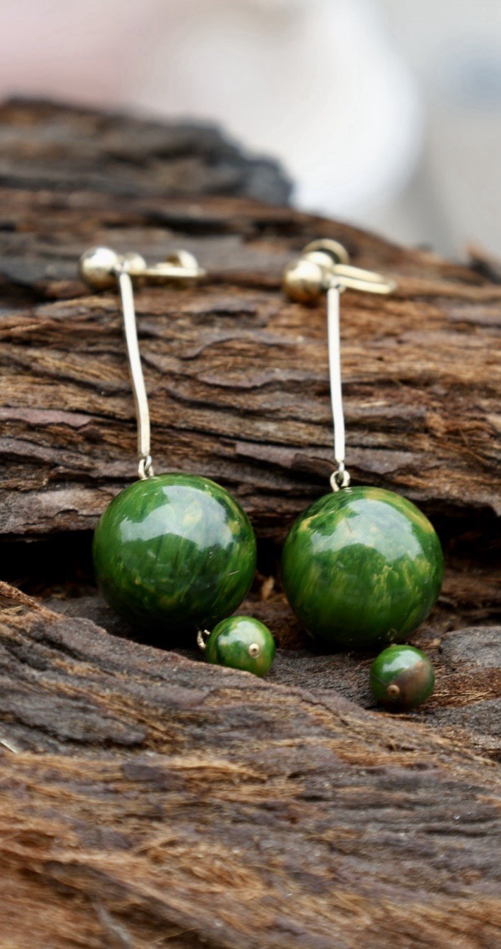 Green Bakelite Dangle Earrings Screwback 12K Gold Filled Marbled Ball Drop 1940s