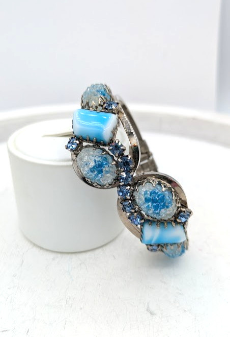 Vintage Rhinestone Clamper Bracelet Crackle Cabochon Blue Glass