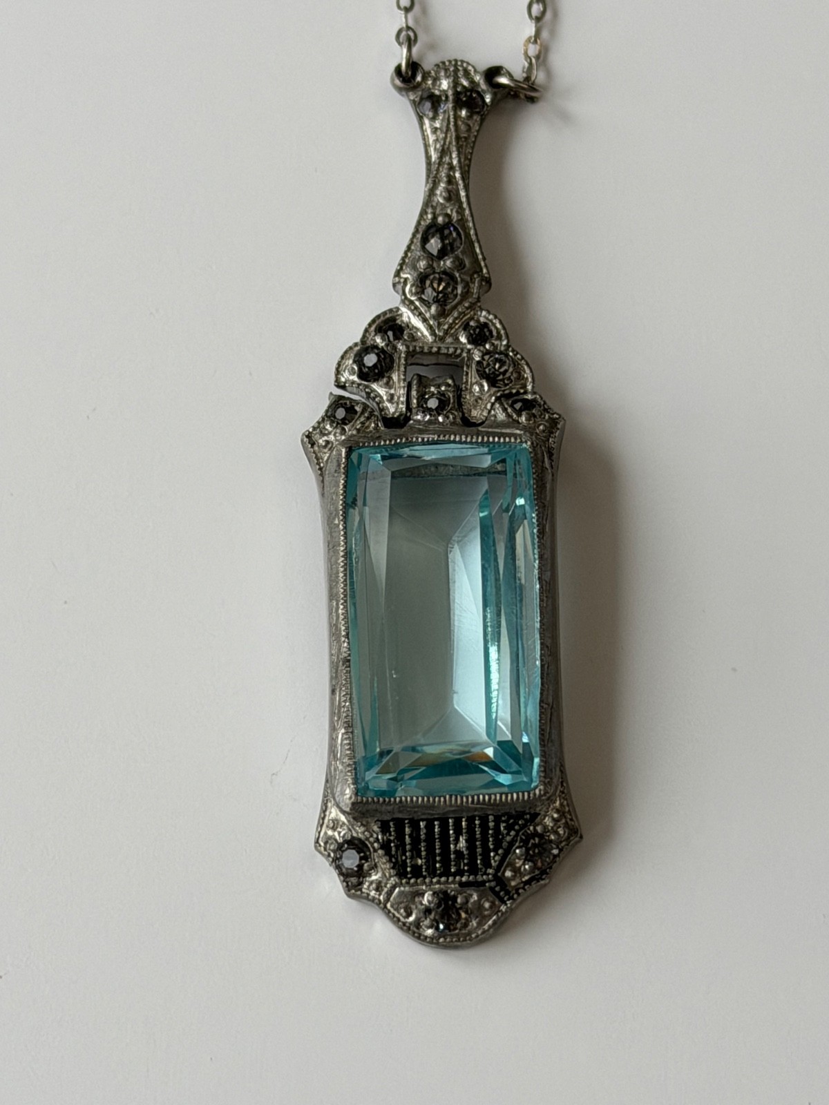Antique Art Deco Approx. 11Ct 22x11mm Aquamarine Colored 835 Silver Pendant
