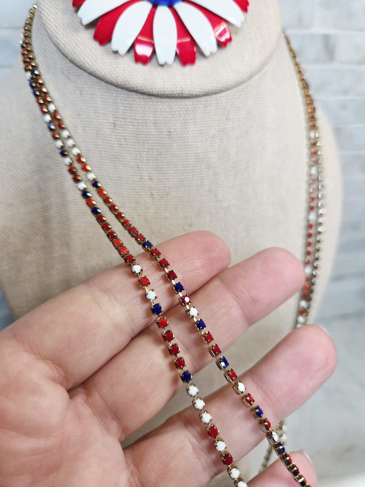 Vintage Red White & Blue Patriotic Jewelry Set Brooch Necklace & Bracelet