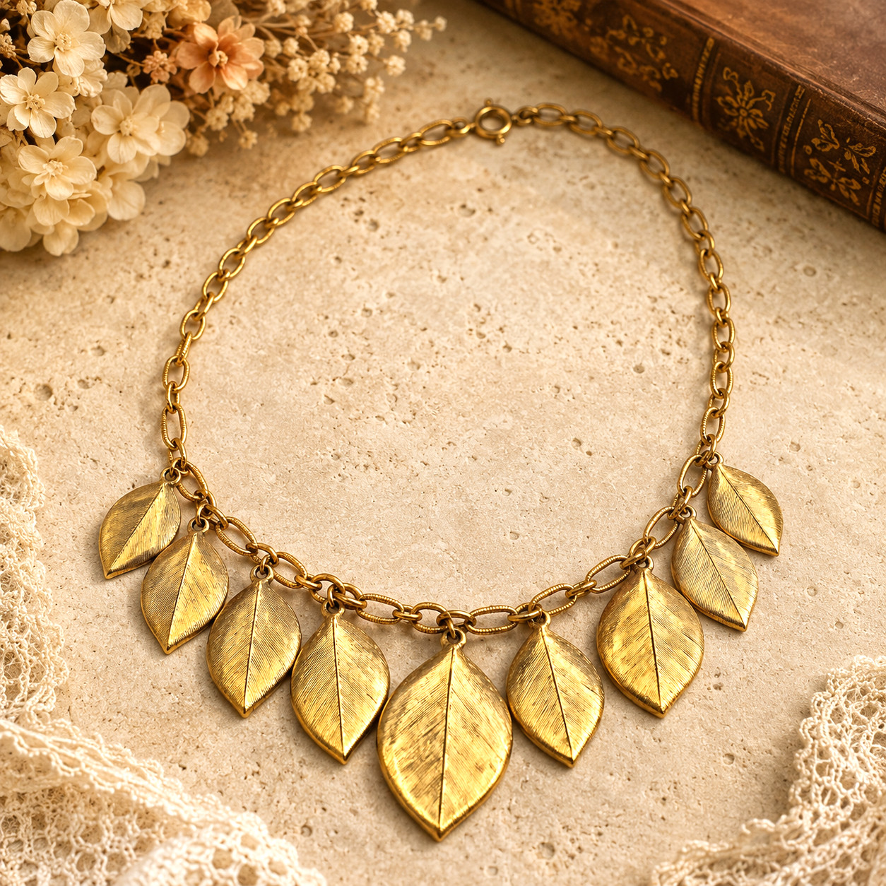 Vintage Gold Tone Leaf Fringe Necklace 23 In Textured Cable Chain Statement