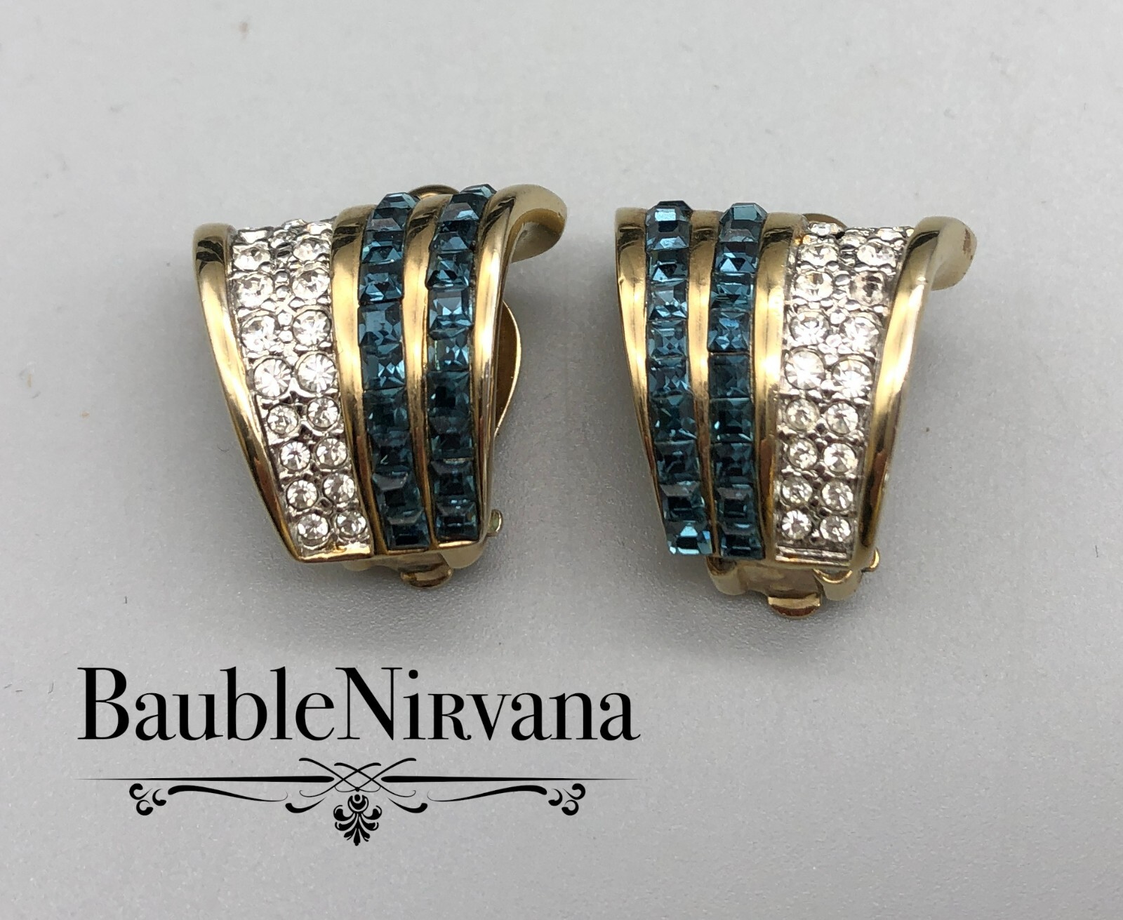 Vintage Look of Real Gold Plated Earrings Square Sapphire Blue&Rhinestones