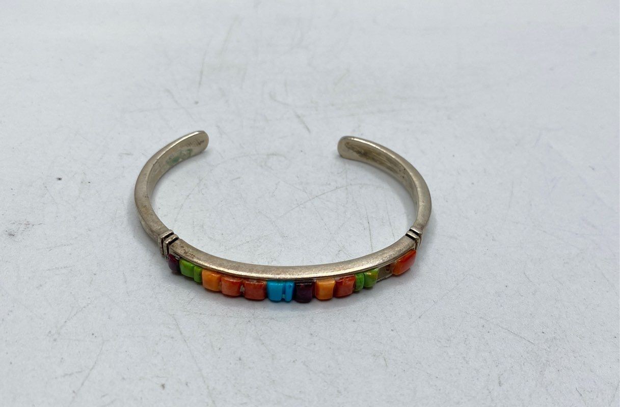 Vintage Sterling Silver 925 Multi Gemstone Inlay Cuff Bracelet Southwestern 17g