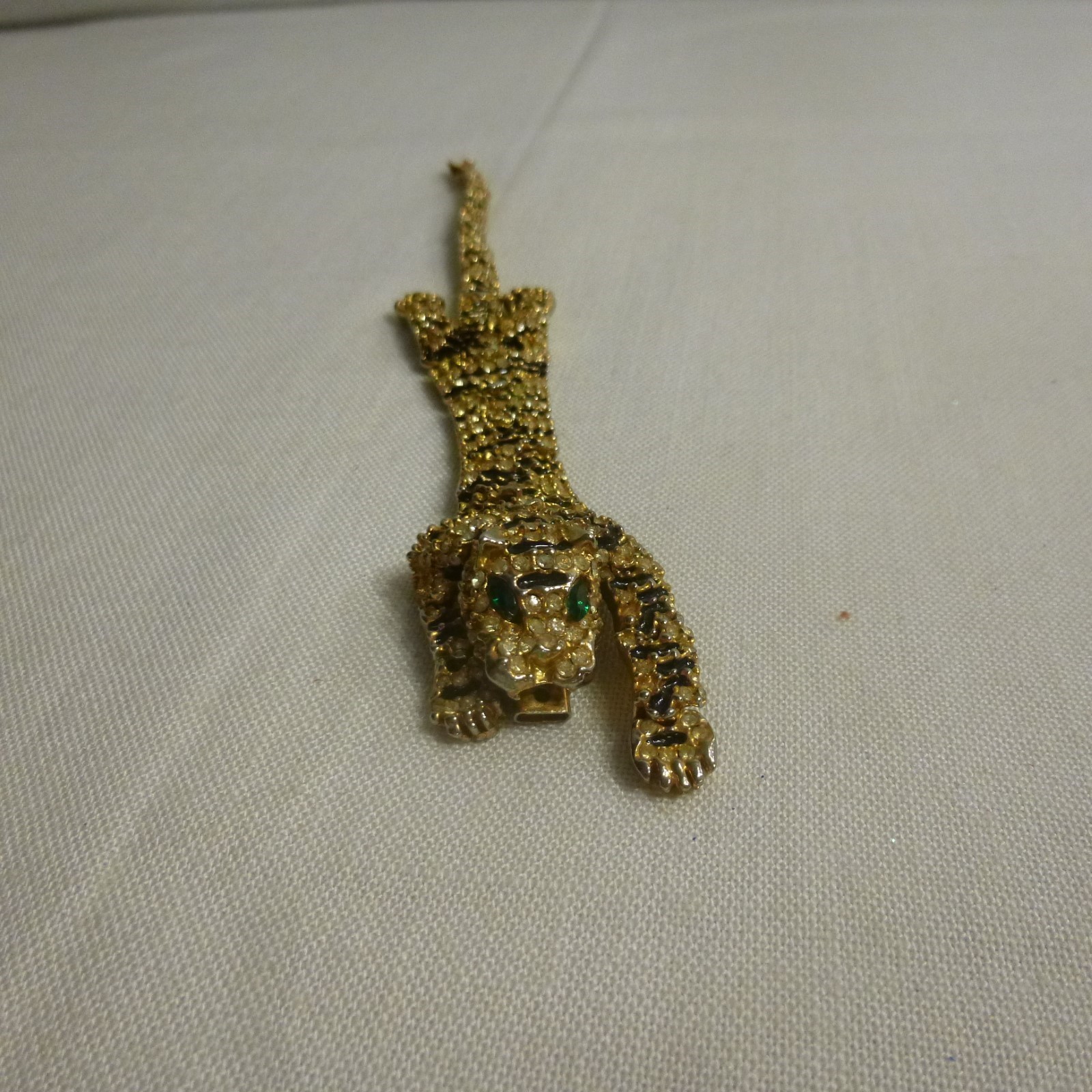 Vtg Articulated Green Eyed Tiger Bracelet Gold Tone Pave Rhinestones Blk Enamel