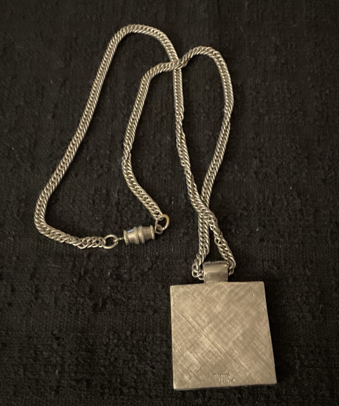 Vintage Square Steel Pendant with Wood Necklace and Chain