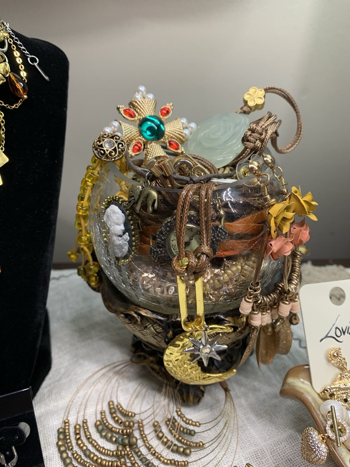VTG Curated Mystery Costume Jewelry Jar Gold Tone Pastels Pearls Cameo WOW