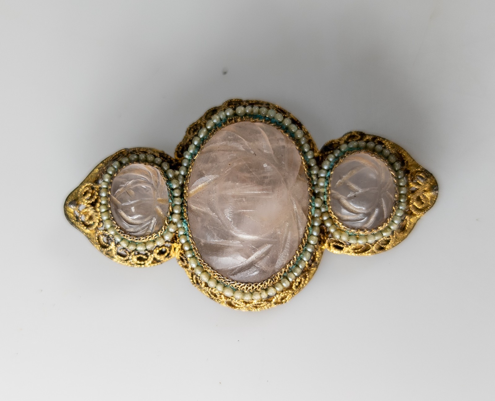 Antique Chinese Gilt Silver Filigree Brooch Pin with Rose Quartz Cabochons