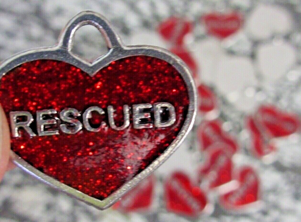 mini 1″ charm RESCUED pet dog cat red glitter enameled heart rescue sparkly retr