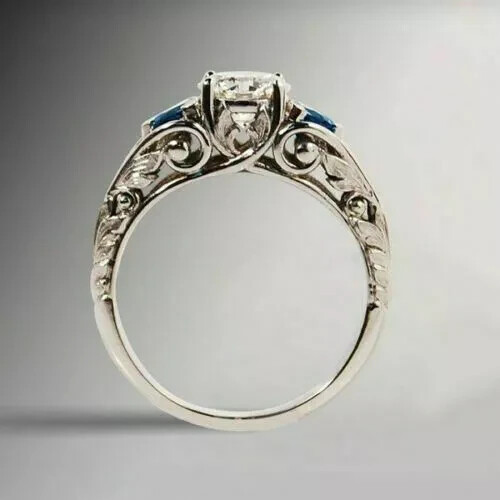 Antique Art Deco Lab Created Diamond & Sapphire 14K White Gold FN Wedding Ring