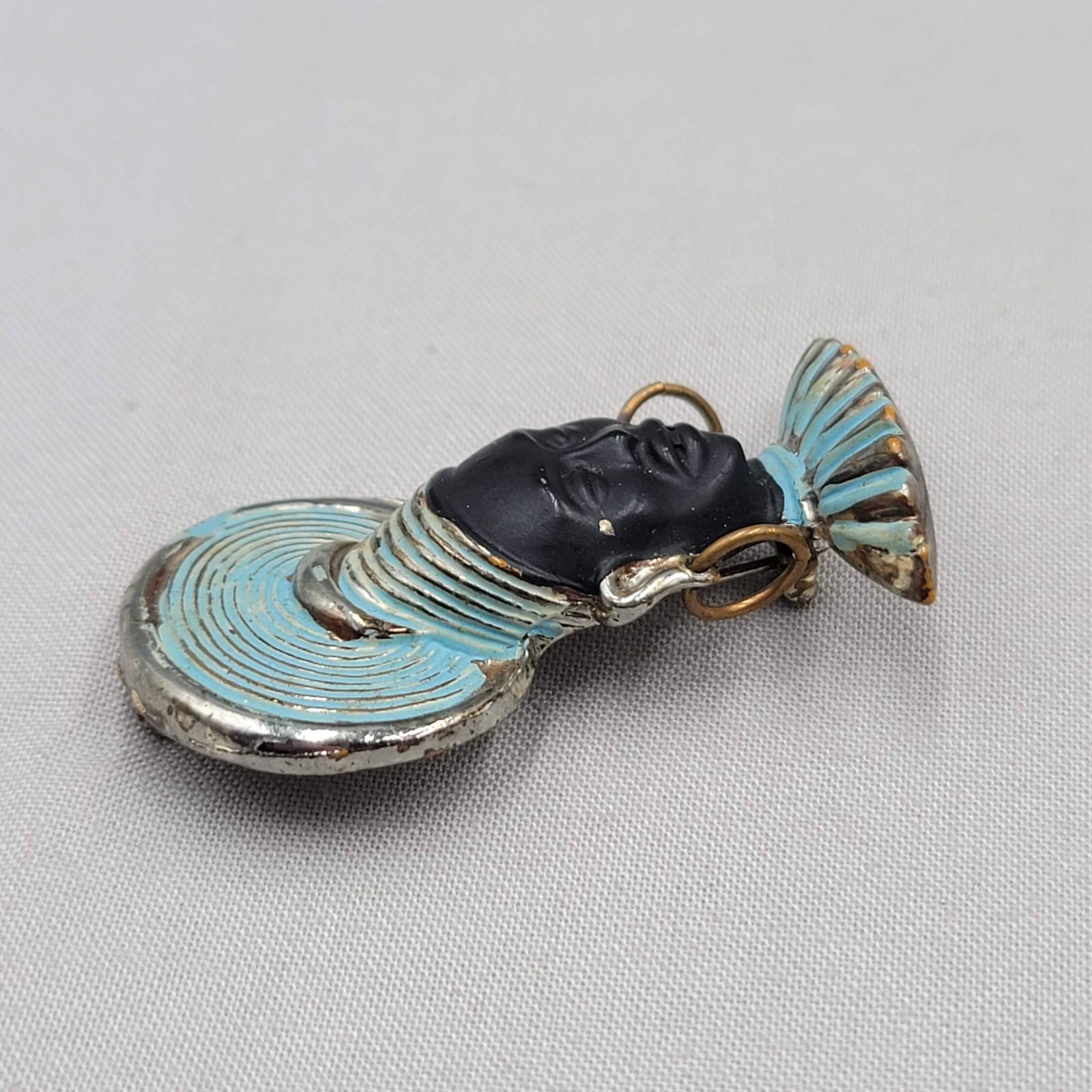 Vintage Blackamoor Brooch Art Deco African Princess Earrings Blue Enamel 2″
