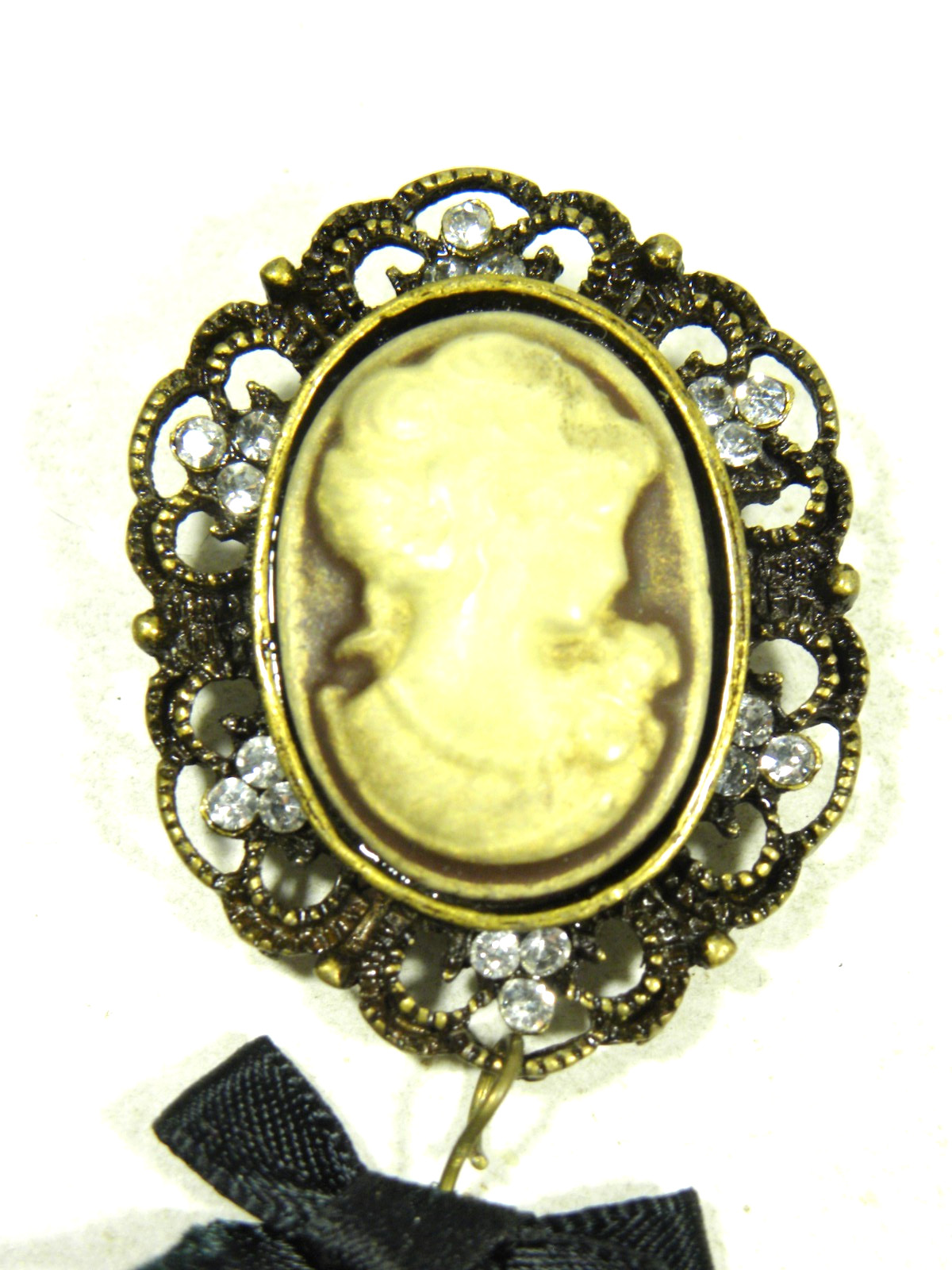 Vintage Rhinestone Cameo Brooch Victorian Pin Filigree Faux Pearl Oval Bronze
