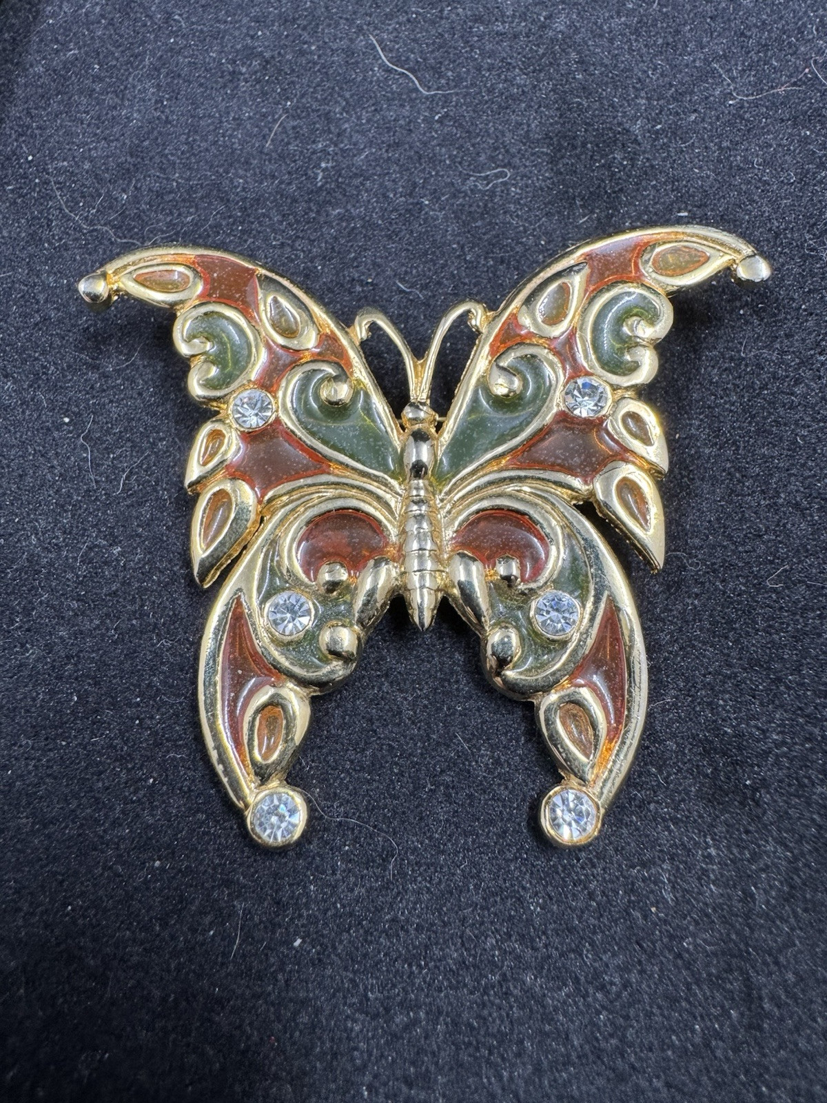 R. Steinmertz SFJ Butterfly Brooch Lapel Pin Goldtone Stained Glass 1970’s