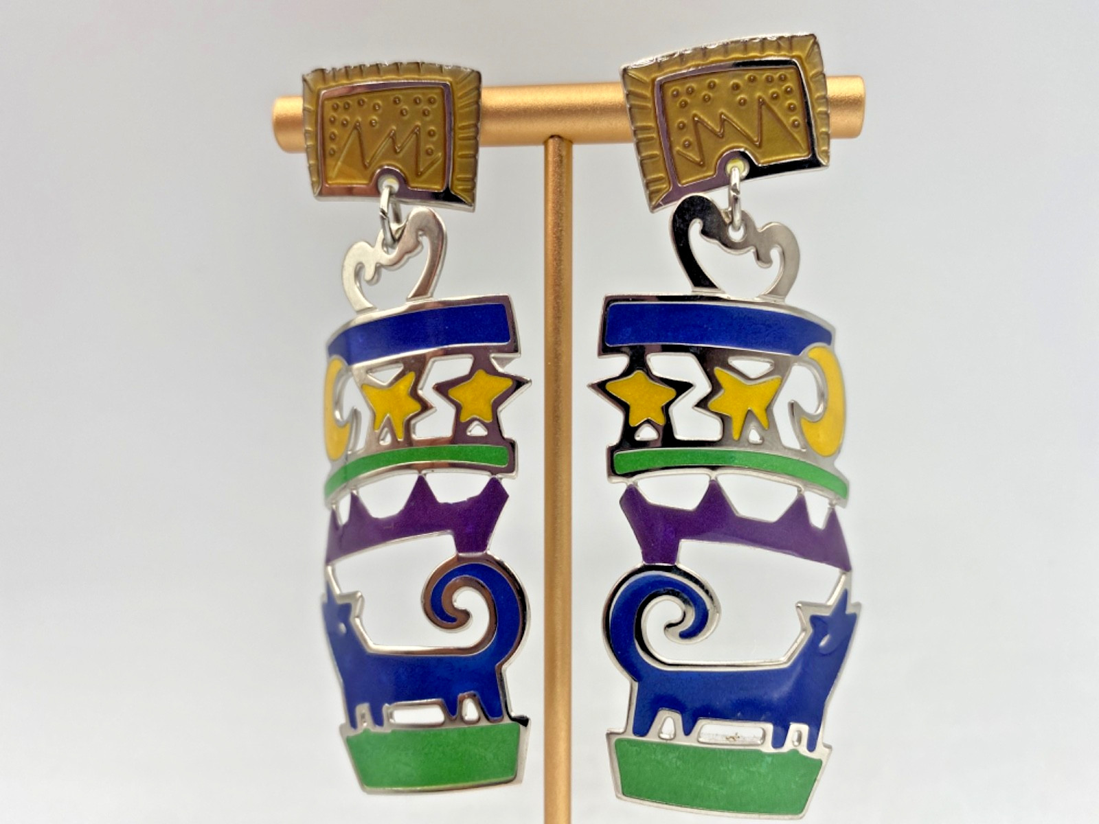 Edgar Berebi Earrings Enamel Silver Tone Metal 2.75” Long Coyote and Moon VTG