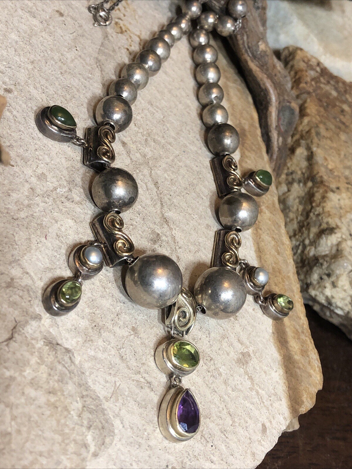 15. Vintage 925 Sterling Silver Ball charm Gemstone Beaded Sliding Necklace 17″
