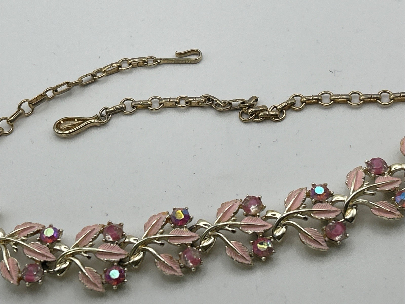 Coro Necklace Mid-Century Gold Pink Leaves W/ Pink Rhinestone Flowers Choker