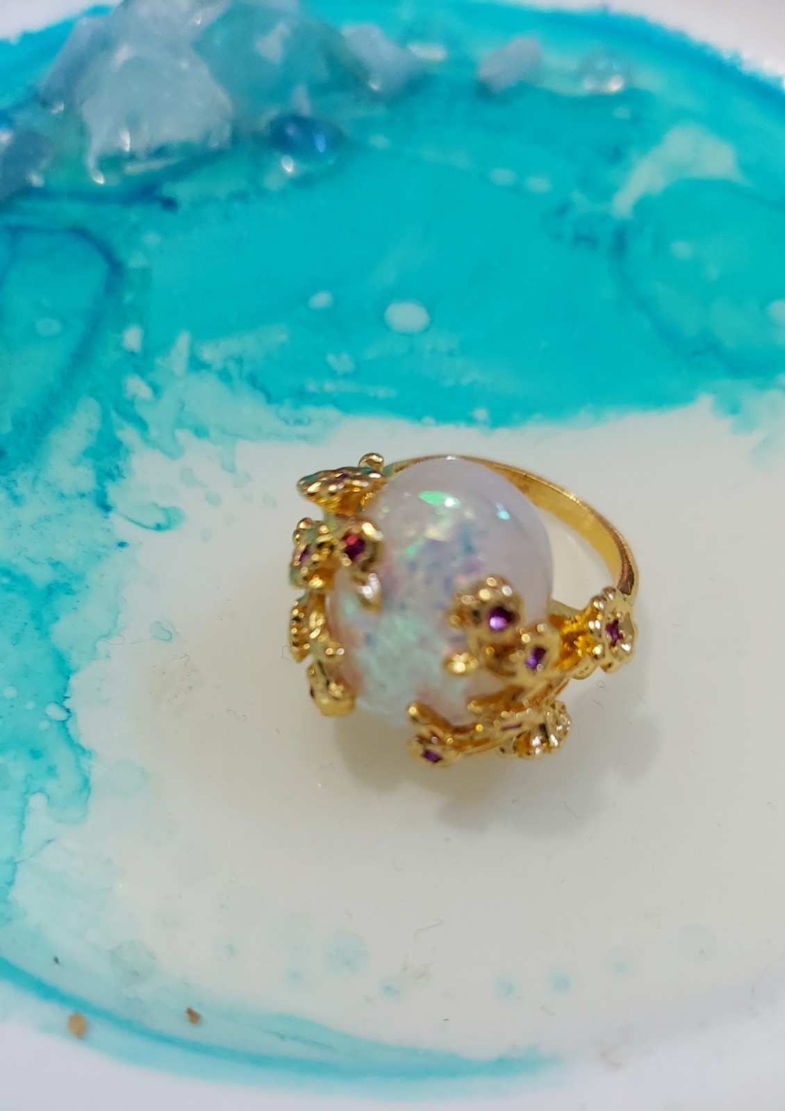 Vintage Style Opal Ring Gold Tone Statement Ring Iridescent Gemstone Jewelry .