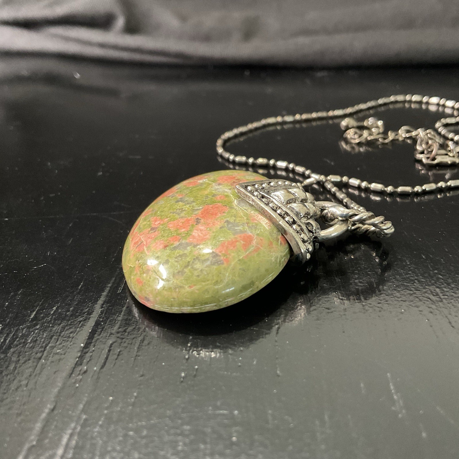 Vintage Unakite Jasper Pendant Necklace Silver Tone 22in 30g