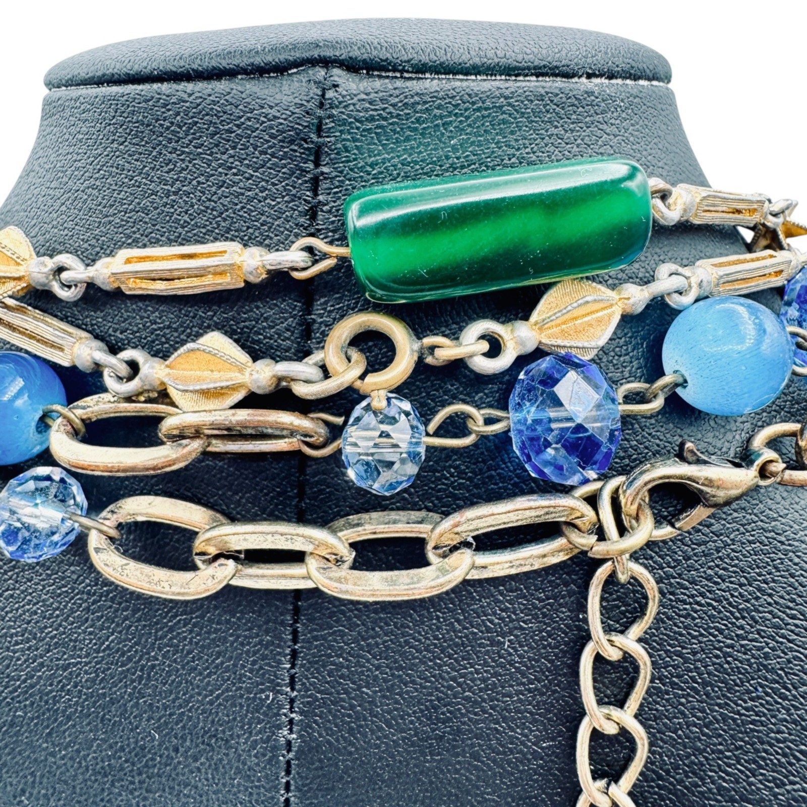 Vintage Station Bead Long Necklaces Green Blue Glass Beads Gold Tone 36″ 48″ 60s