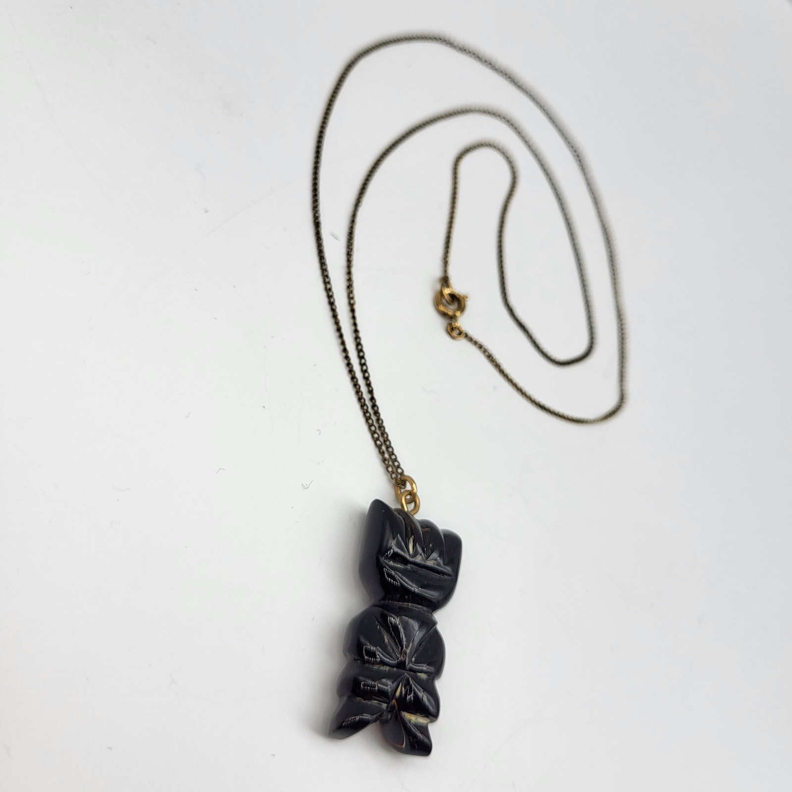 VTG Black Coral Moai Easter Island Tiki Pendant Hand Carved gold filled chain