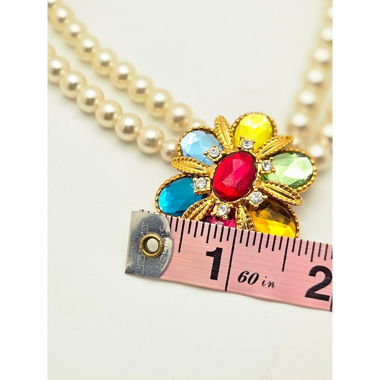 Vintage Style Multi-Color Cabochon Flower & Faux Pearl Double Strand Necklace –
